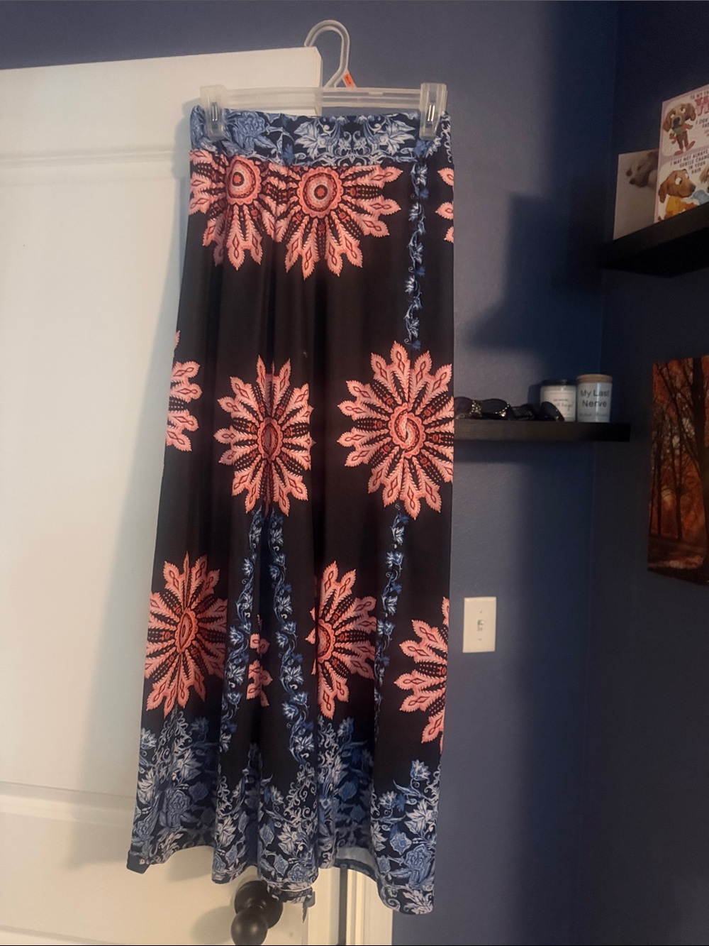 SHEIN Black Maxi Skirt with Coral and Blue Floral Medallions